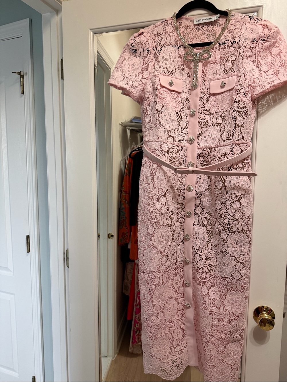 Self-Portrait Blush Pink Lace Button-Front Midi Dress